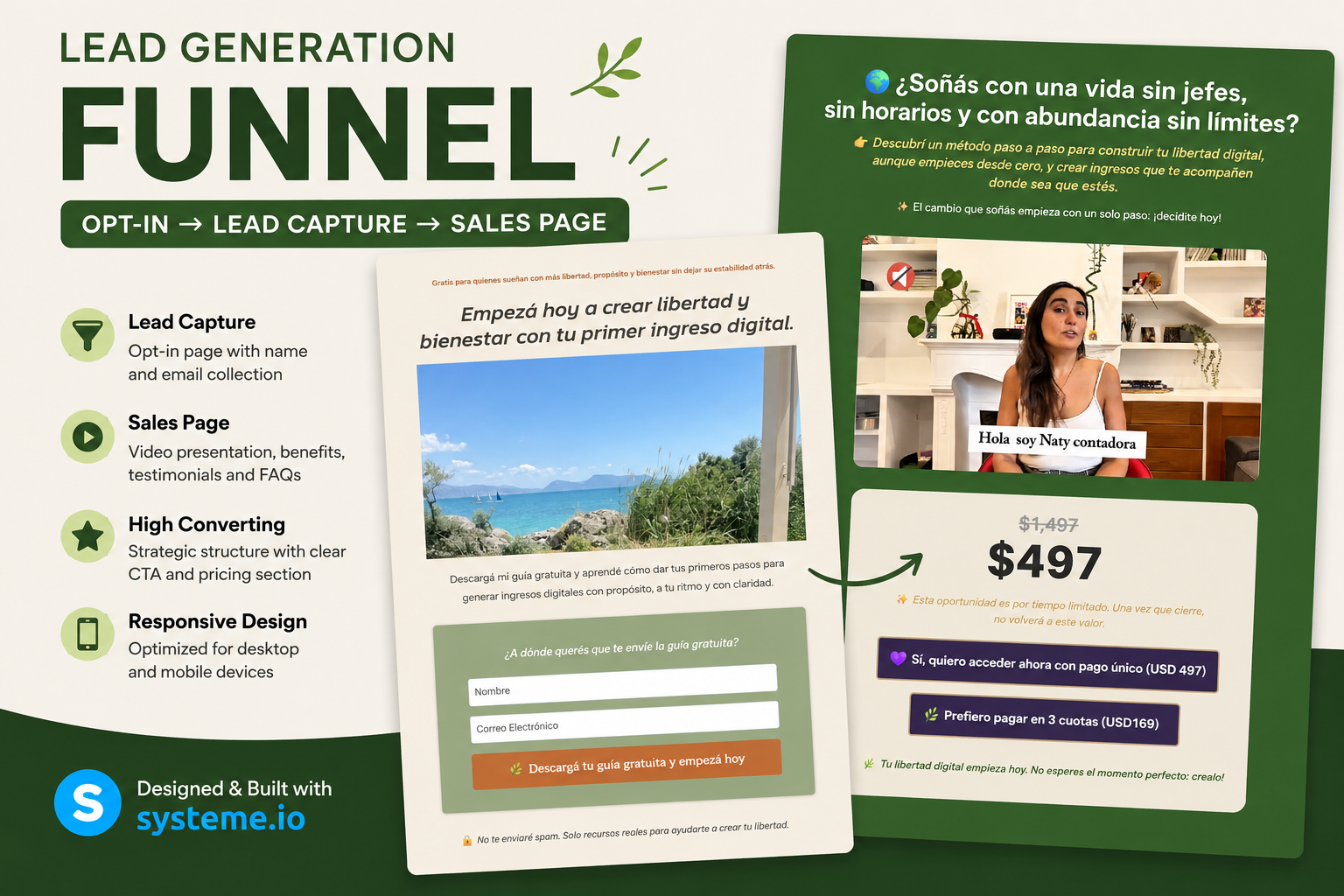 Landing page y funnel de ventas desarrollado en Systeme.io